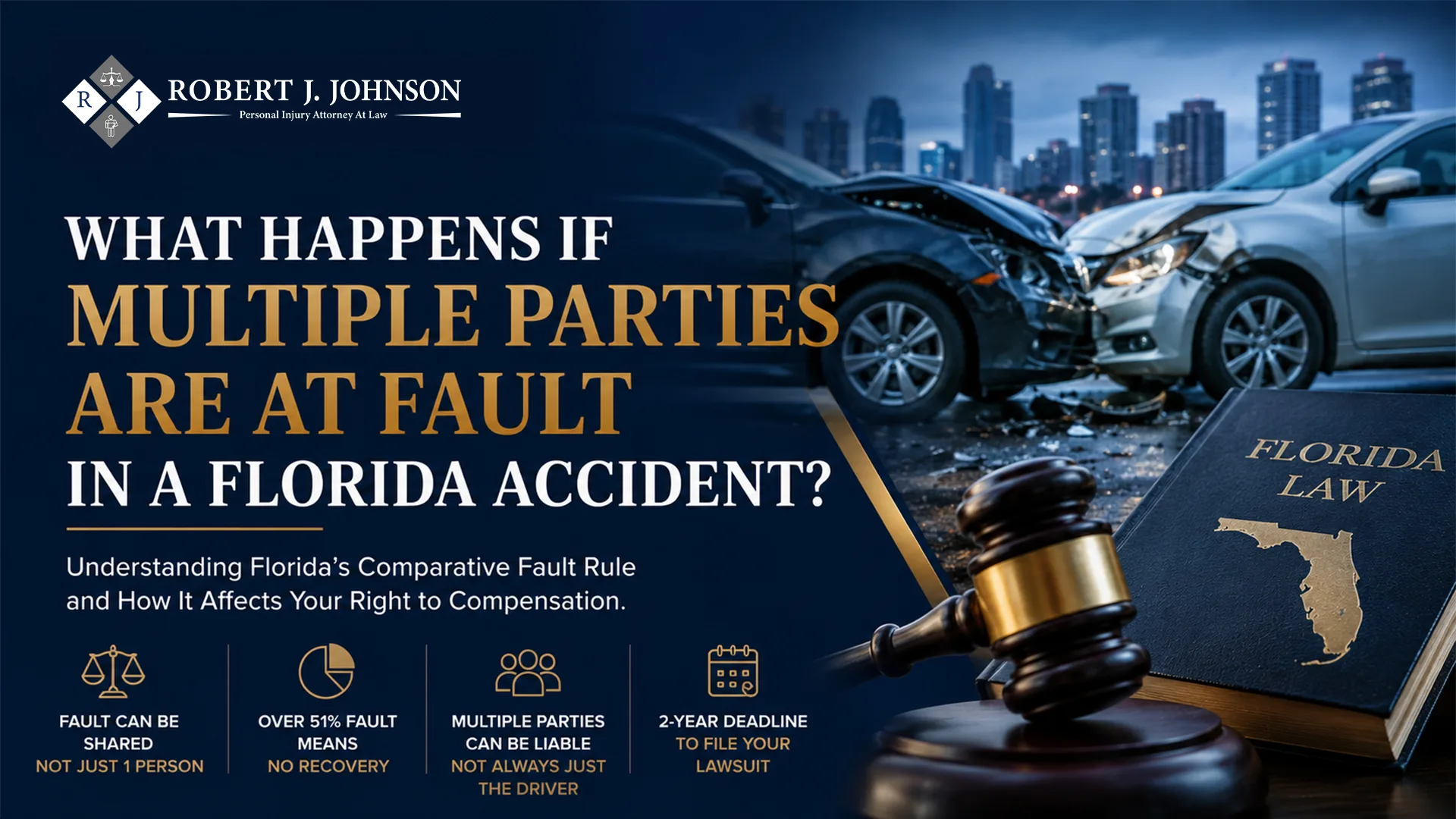 Florida car accident involving multiple parties with legal information about comparative fault laws