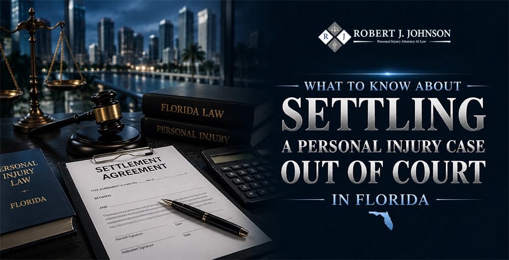 Florida personal injury settlement agreement with legal books, judge gavel, calculator, and scales of justice representing an out-of-court settlement.