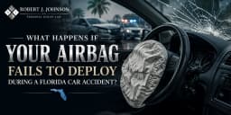 Damaged vehicle interior with a deployed steering wheel airbag, cracked windshield, and emergency vehicles after a Florida car accident.