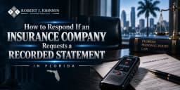 Voice recorder and insurance claim documents on an attorney desk beside Florida personal injury law books.