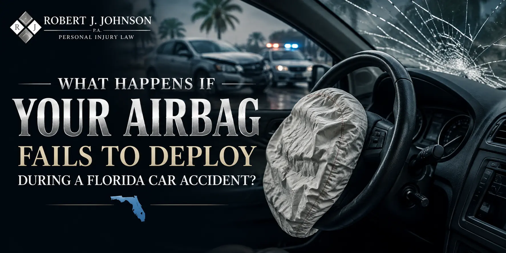 What Happens If Your Airbag Fails to Deploy During a Florida Car Accident? Damaged vehicle interior with a deployed steering wheel airbag, cracked windshield, and emergency vehicles after a Florida car accident.