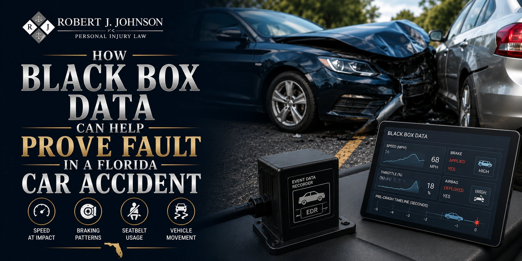 How Black Box Data Proves Fault in Florida Accidents An event data recorder analyzing speed and braking telemetry at a Florida car crash scene.