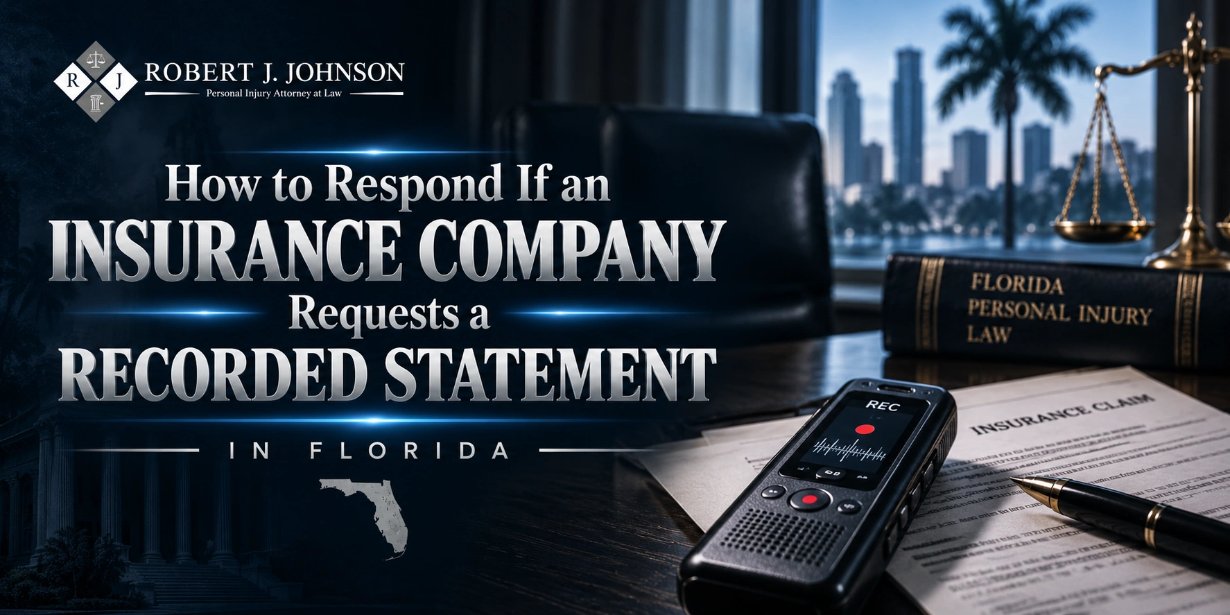 Responding to Insurance Recorded Statement Requests Voice recorder and insurance claim documents on an attorney desk beside Florida personal injury law books.