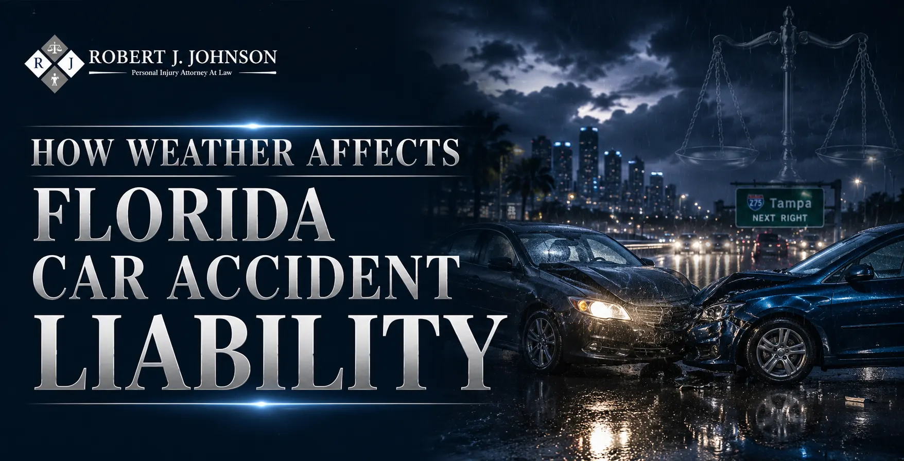 How Weather Conditions Affect Florida Car Accident Liability Rainy Florida car accident on a highway at night illustrating how weather conditions can affect crash liability