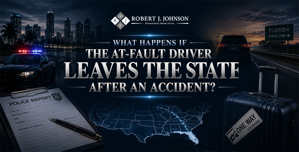 What Happens If the At-Fault Driver Leaves the State After an Accident? Personal injury law graphic showing a police report, damaged vehicle, Florida state line sign, suitcase, and interstate map illustrating an at-fault driver leaving the state after a car accident.