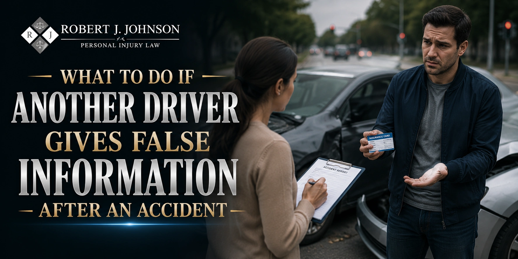What to Do If Another Driver Gives False Information Two people exchange information at a car accident scene, with a woman taking notes and a man looking defensive.
