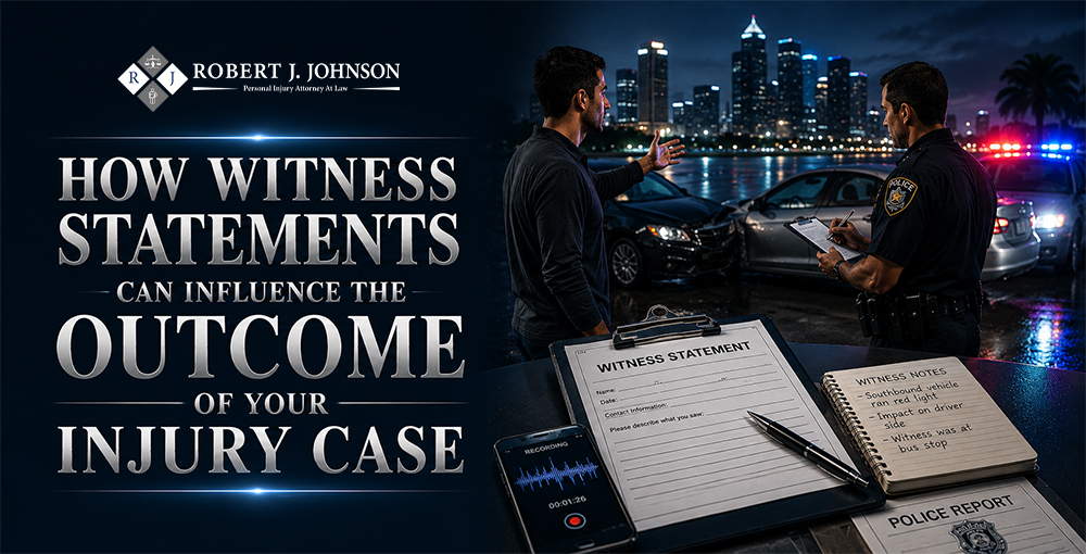 How Witness Statements Can Influence the Outcome of Your Injury Case Witness giving a statement to a police officer after a car accident, with witness notes, recorded testimony, and a police report supporting a Florida personal injury case.